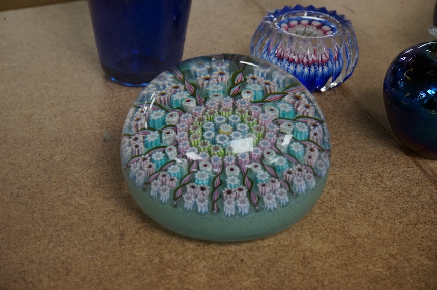 A small Glasform ‘apple’ paperweight, another signed ‘apple’ scent bottle, two millefiori paperweights and a small glass vase signed ‘Andrew Sanders’, 11cm. Condition - good